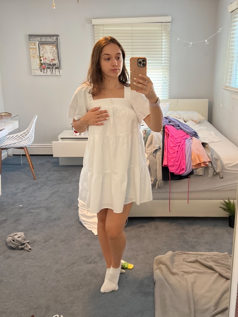 Abercrombie & Fitch White Puff-Sleeve Tiered Dress